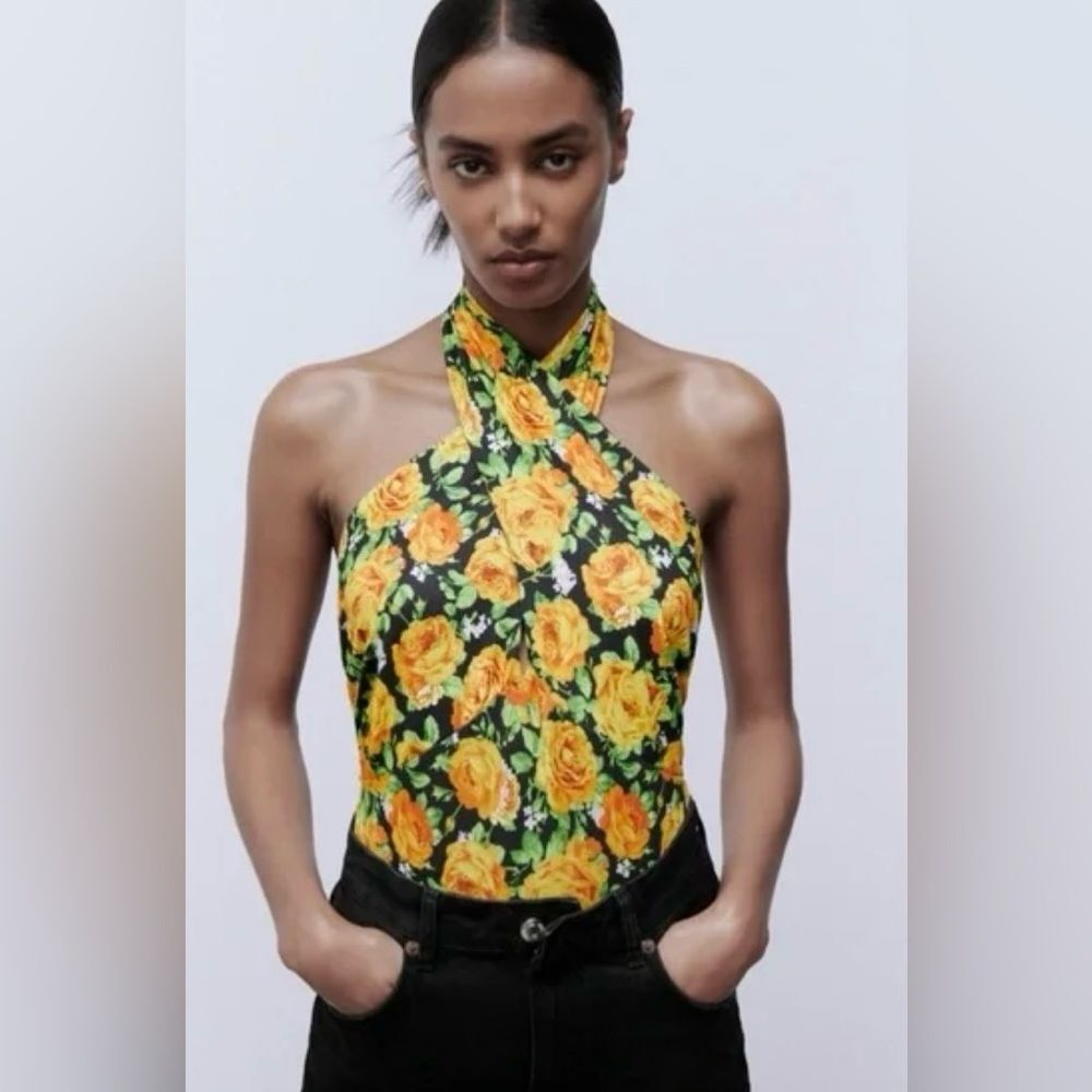 Zara Yellow Rose Halter-Neck Floral Bodysuit on Black